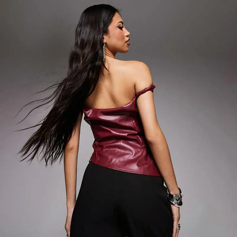Off Shoulder Twist Leather Look Top