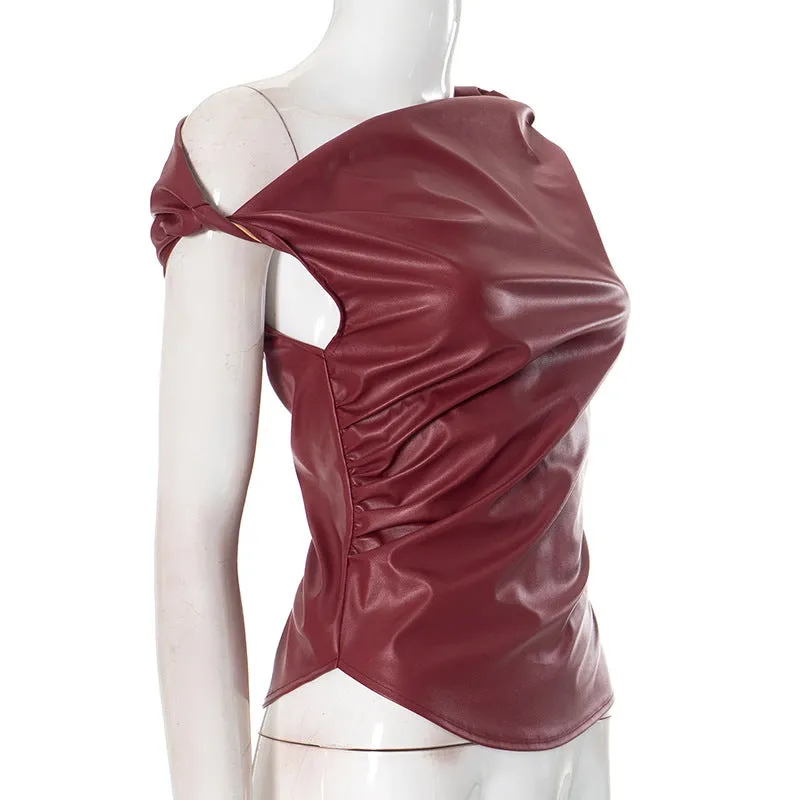 Off Shoulder Twist Leather Look Top