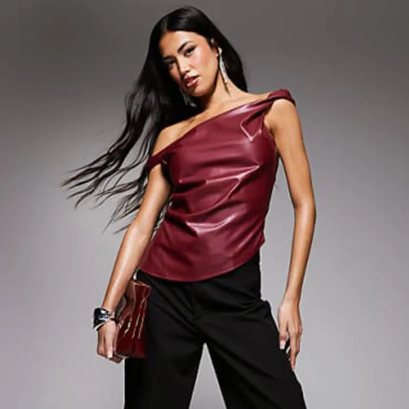 Off Shoulder Twist Leather Look Top