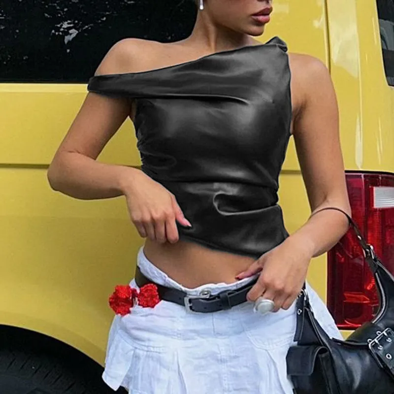 Off Shoulder Twist Leather Look Top