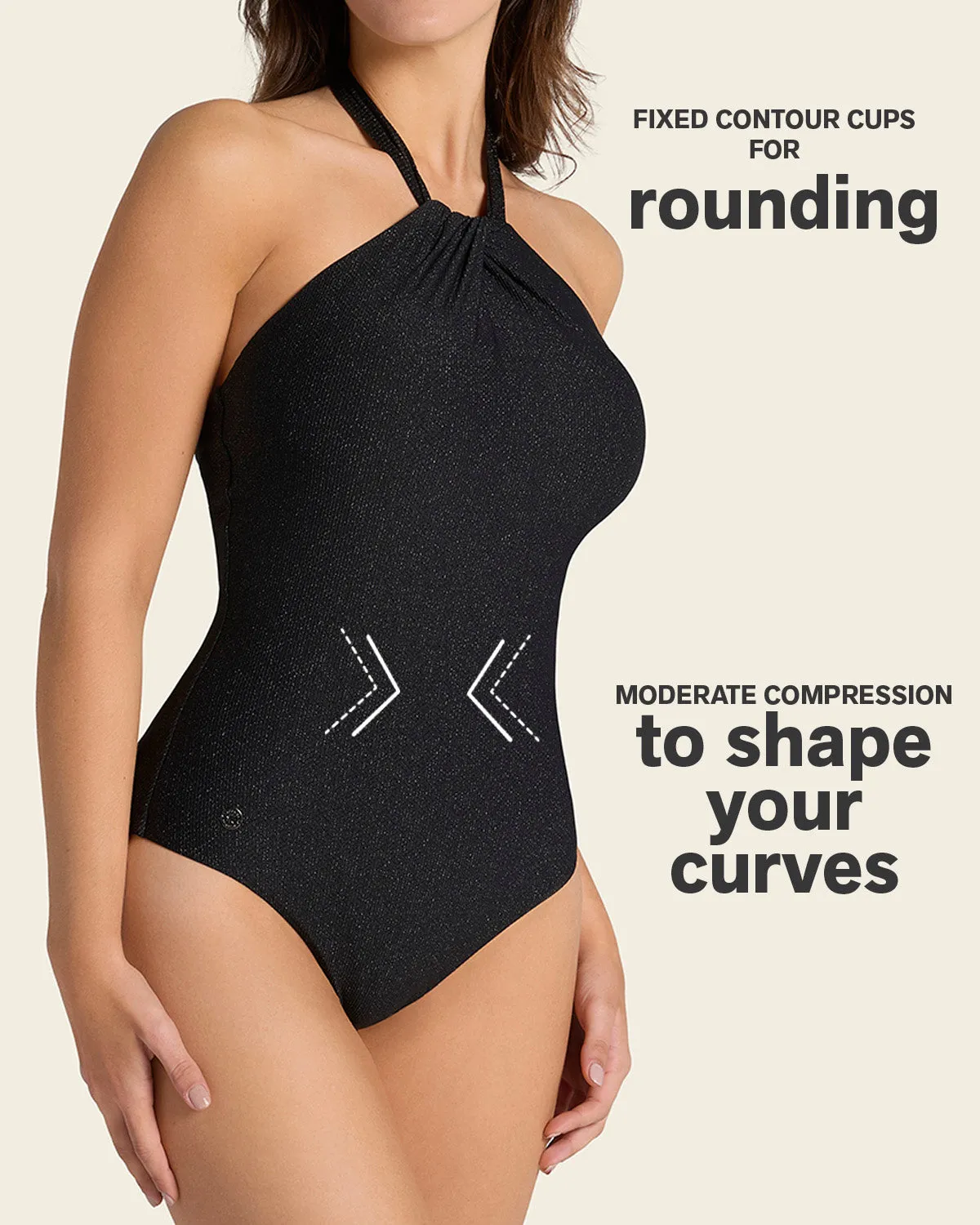 One-Piece Shiny Plunge Shaping Halter Neck Swimsuit