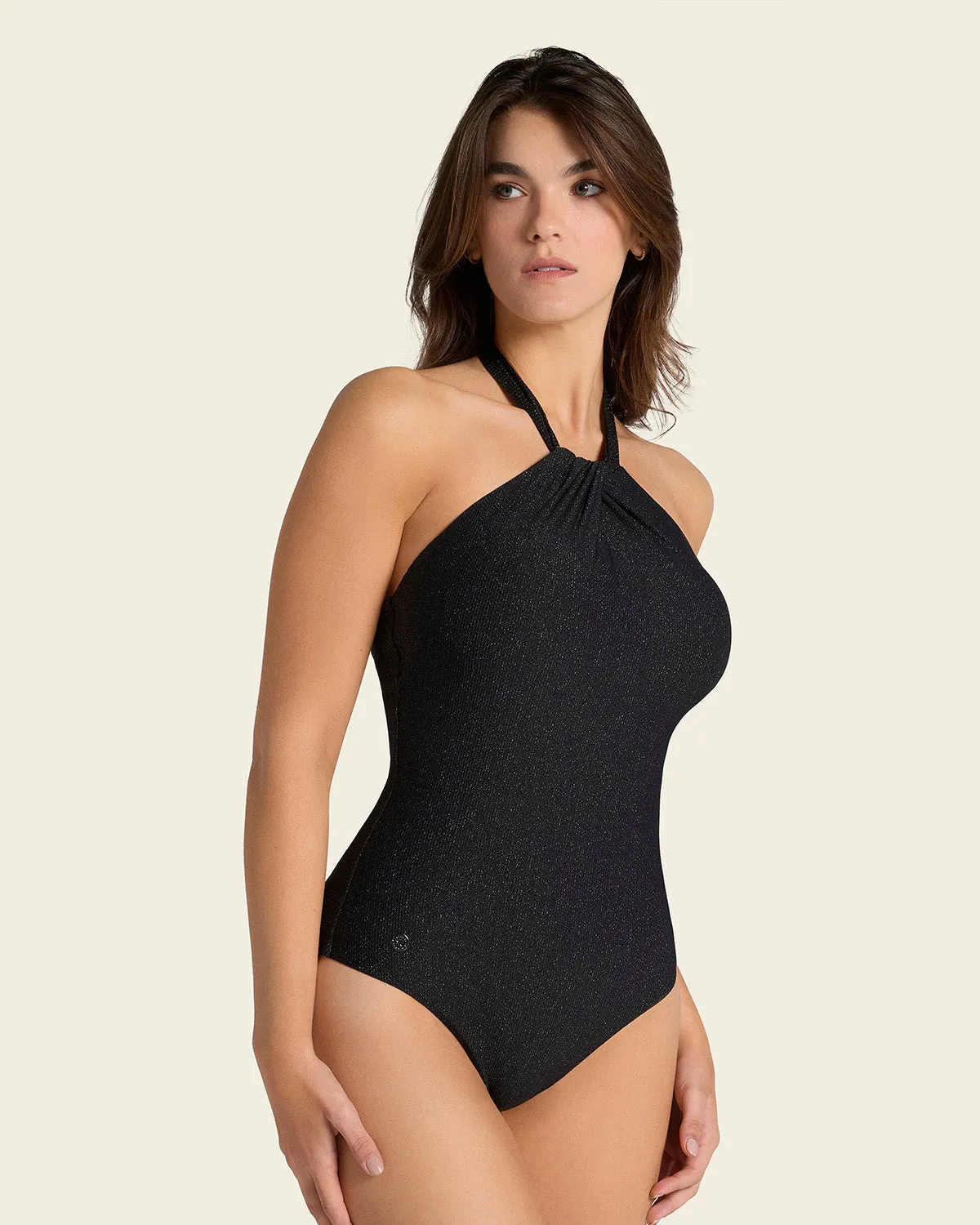 One-Piece Shiny Plunge Shaping Halter Neck Swimsuit