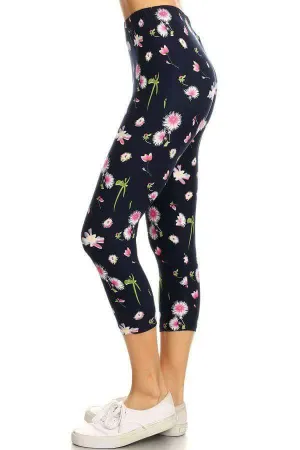 One Size Floral Capri Leggings on Navy Background