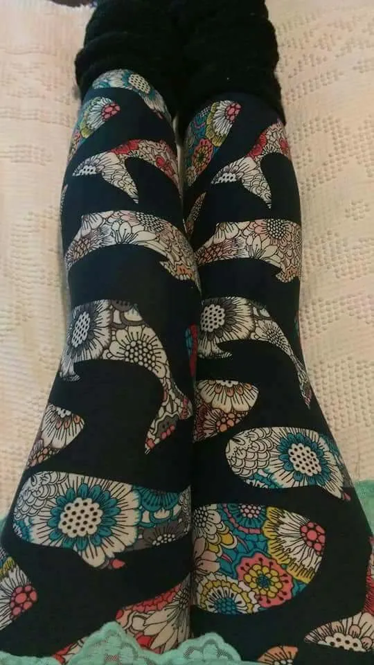 One Size Mosaic Print Whale Print Leggings on Black Background