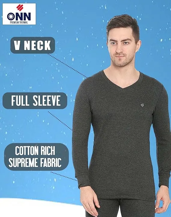 ONN Men's Full Sleeve V-Neck Premium Solid Cotton Thermal Set