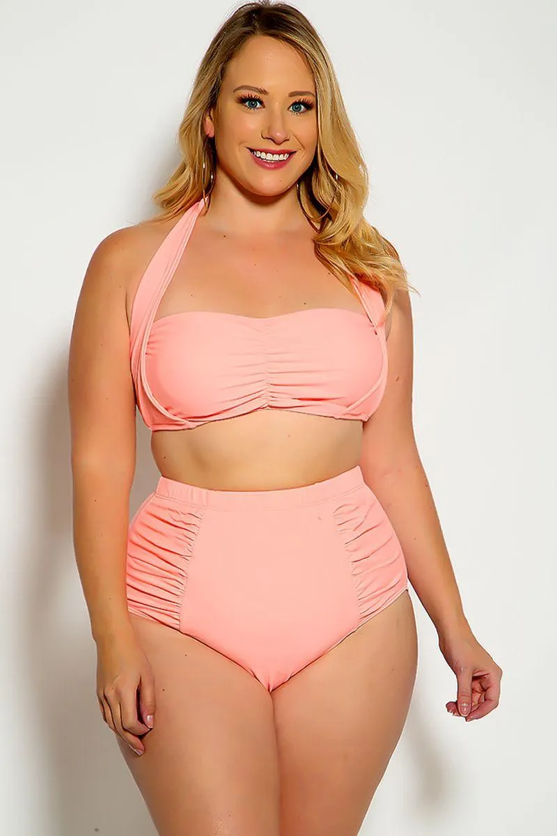 Peach Bold Halter Top Ruched High Waist Two Piece Swimsuit Plus