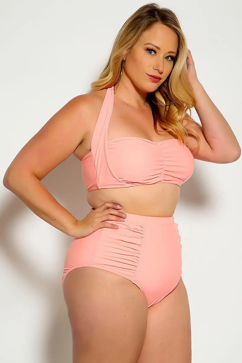 Peach Bold Halter Top Ruched High Waist Two Piece Swimsuit Plus