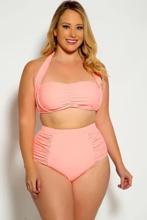 Peach Bold Halter Top Ruched High Waist Two Piece Swimsuit Plus
