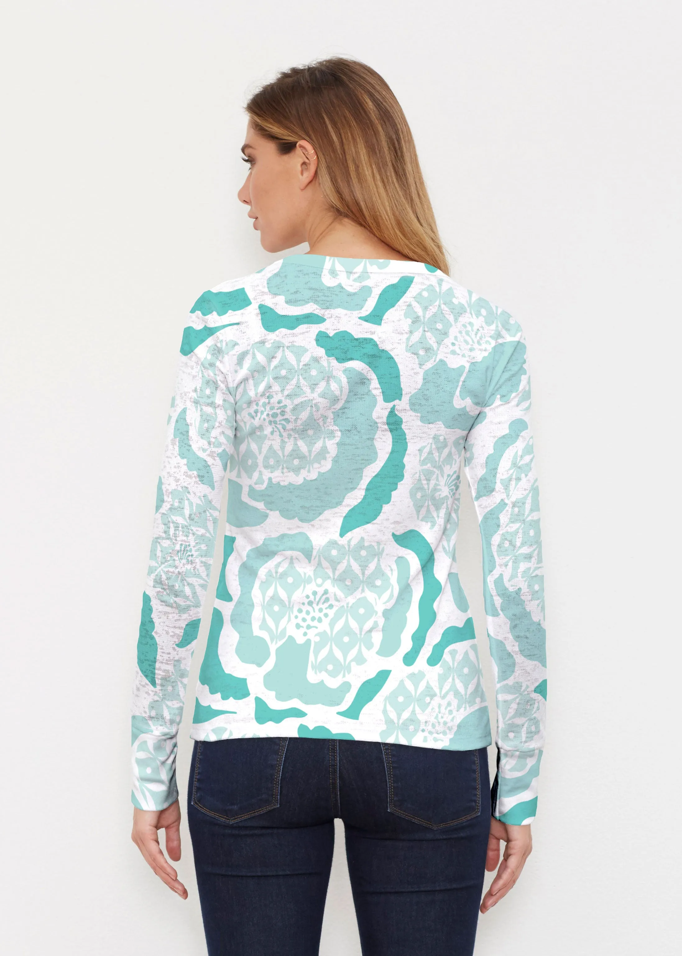 Peonies Aqua (8082) ~ Thermal Long Sleeve Crew Shirt