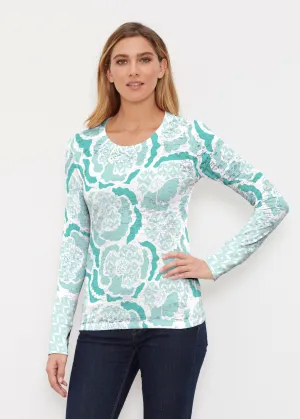 Peonies Aqua (8082) ~ Thermal Long Sleeve Crew Shirt