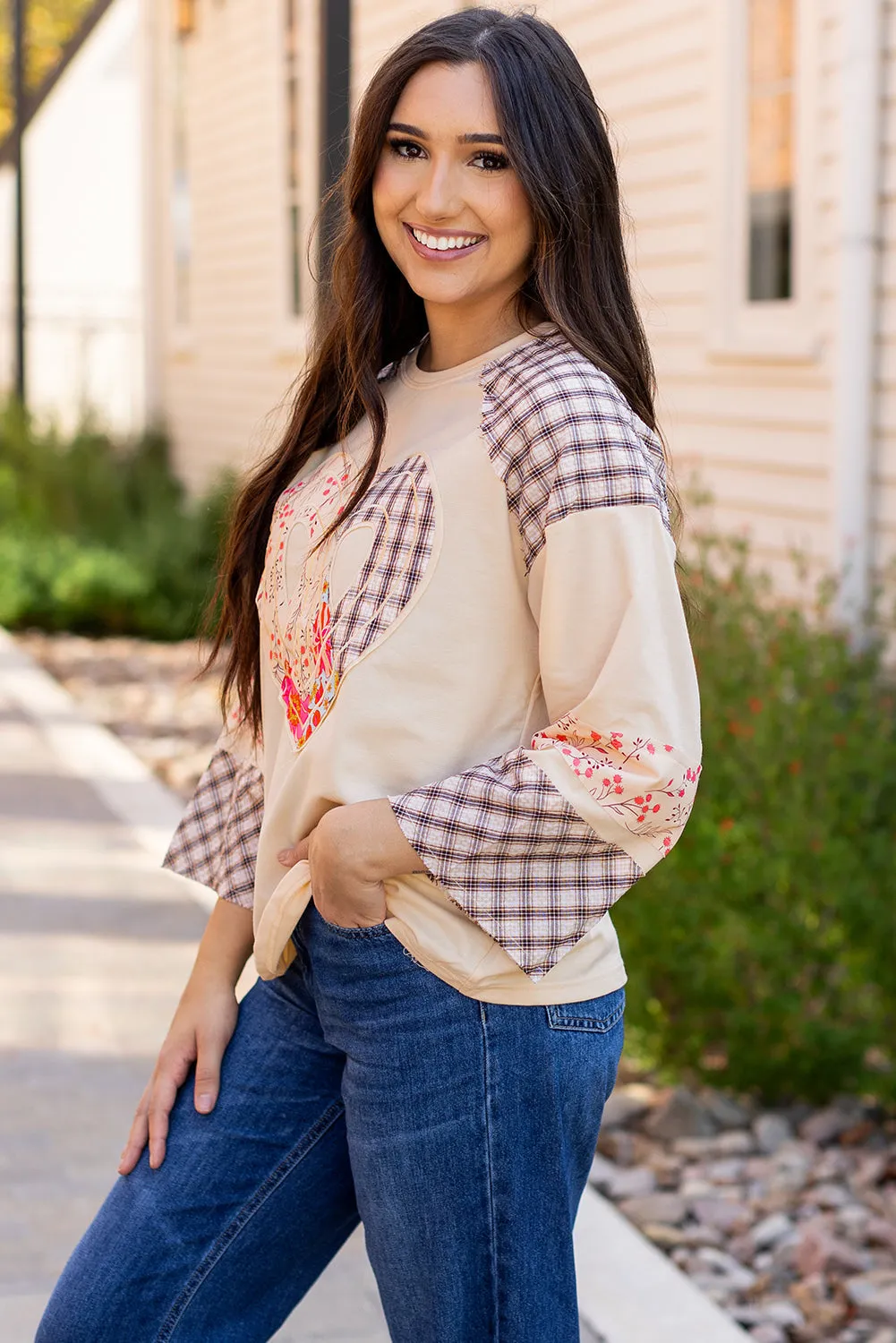 Plaid Floral Peace Heart Graphic Top