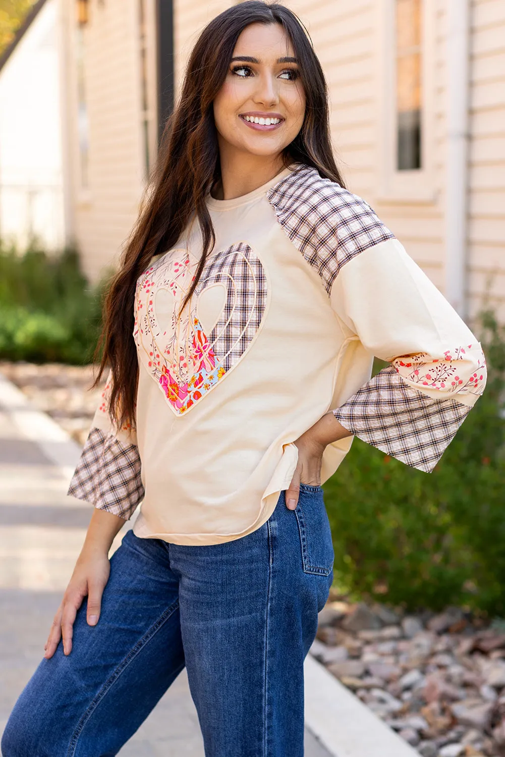 Plaid Floral Peace Heart Graphic Top