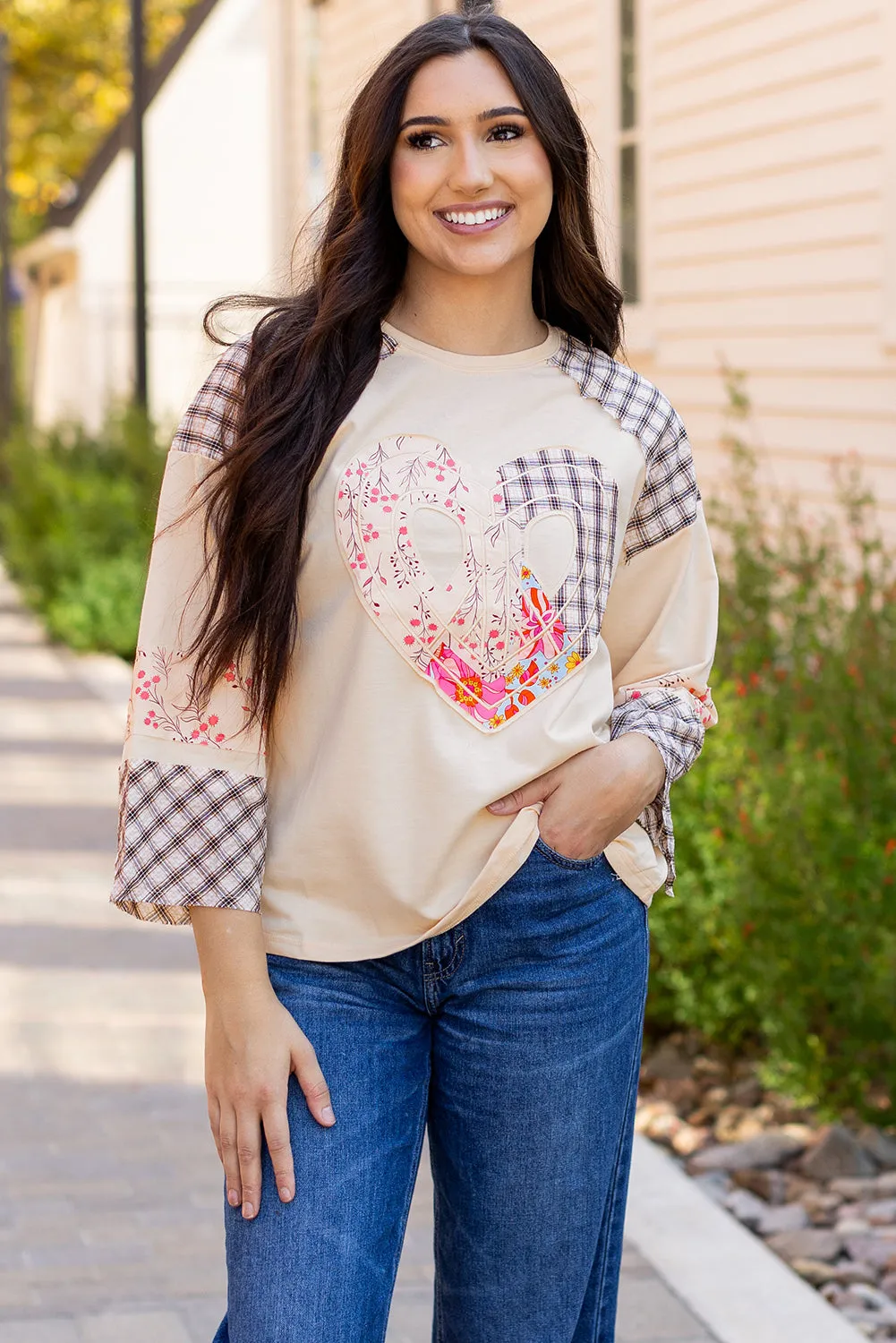 Plaid Floral Peace Heart Graphic Top