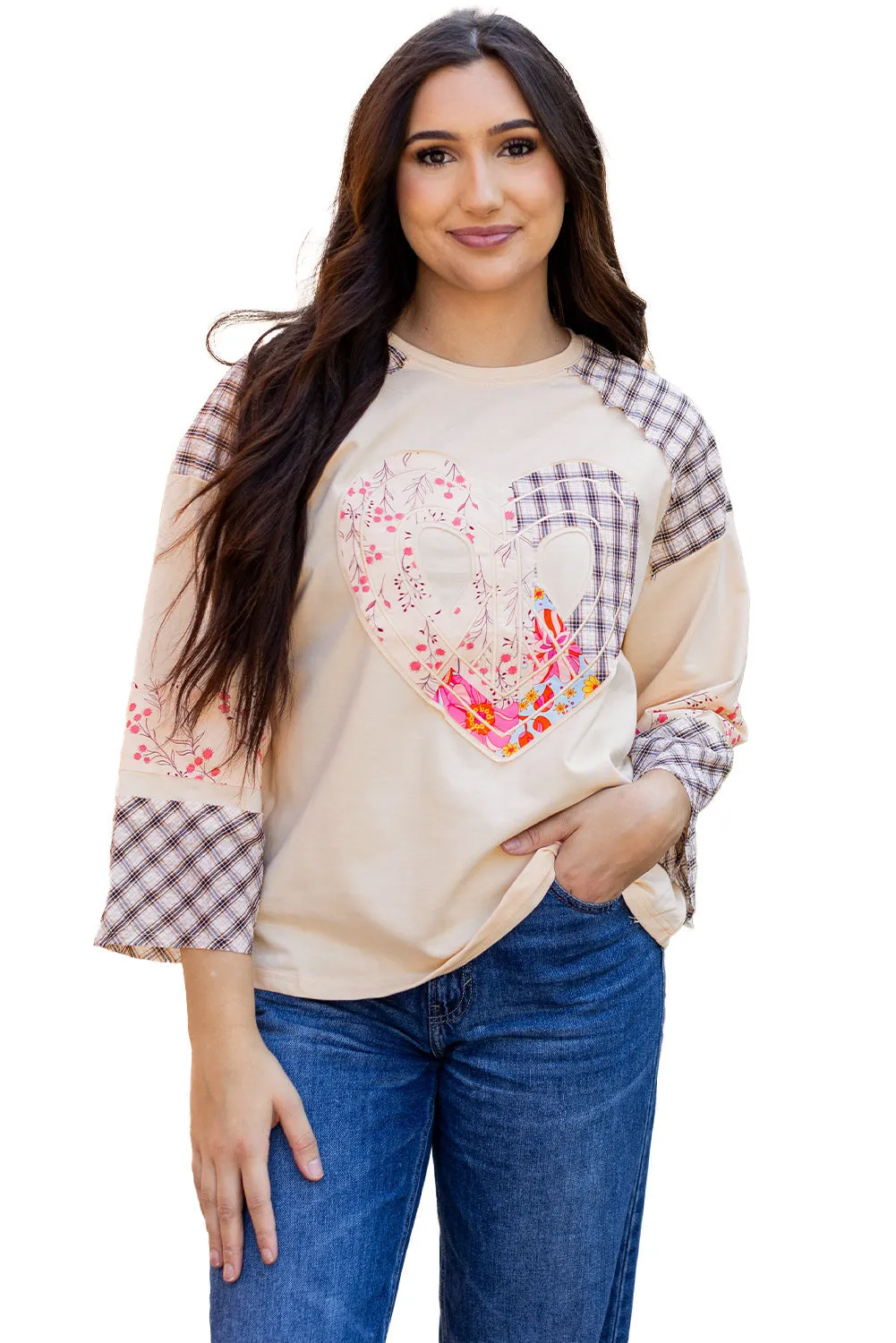 Plaid Floral Peace Heart Graphic Top