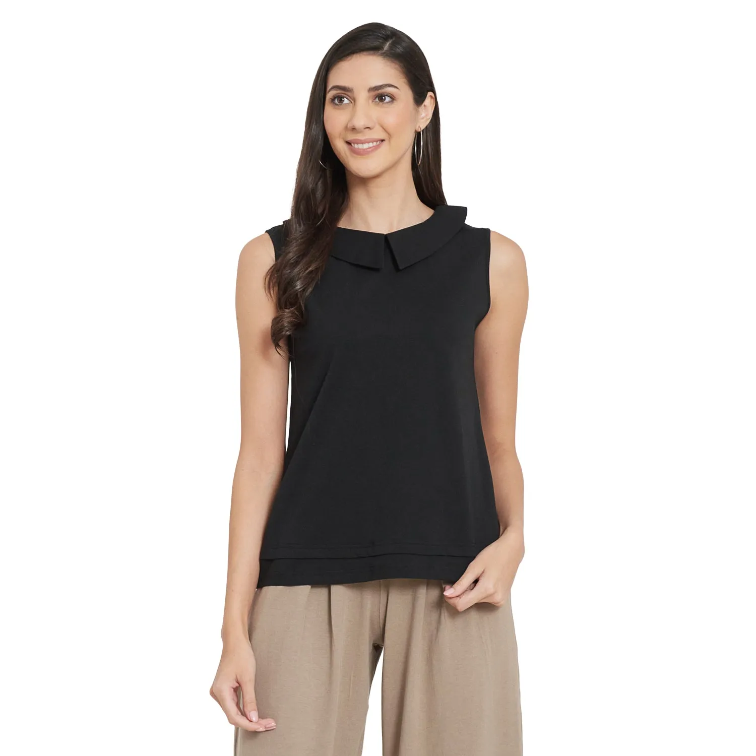 PLEATED PAN COLLARED TOP (BLACK)