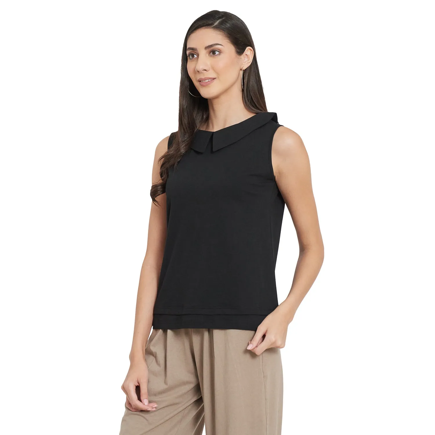 PLEATED PAN COLLARED TOP (BLACK)