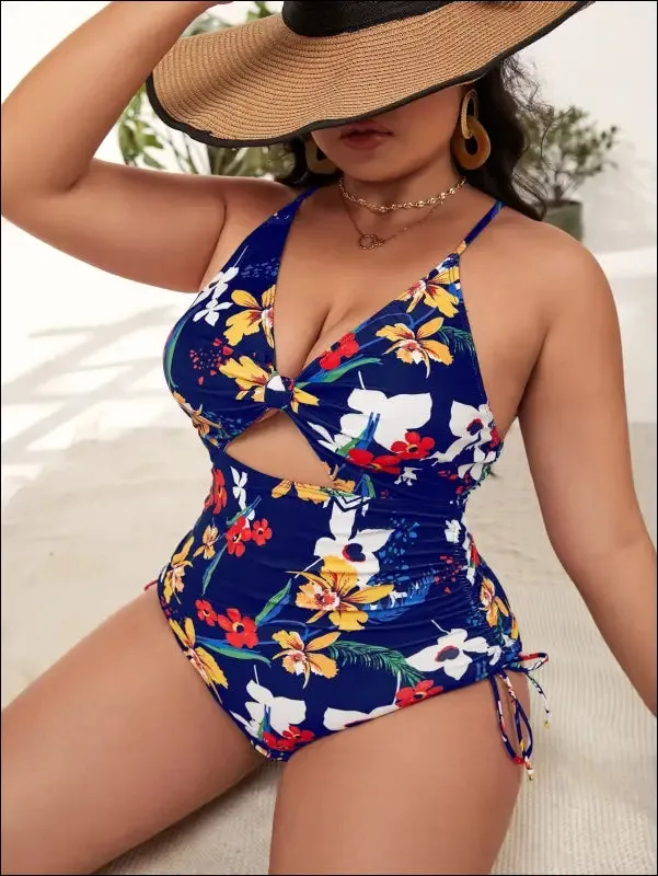 Plus floral print drawstring cut-out one piece swimsuit