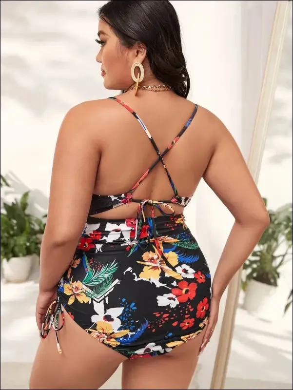 Plus floral print drawstring cut-out one piece swimsuit