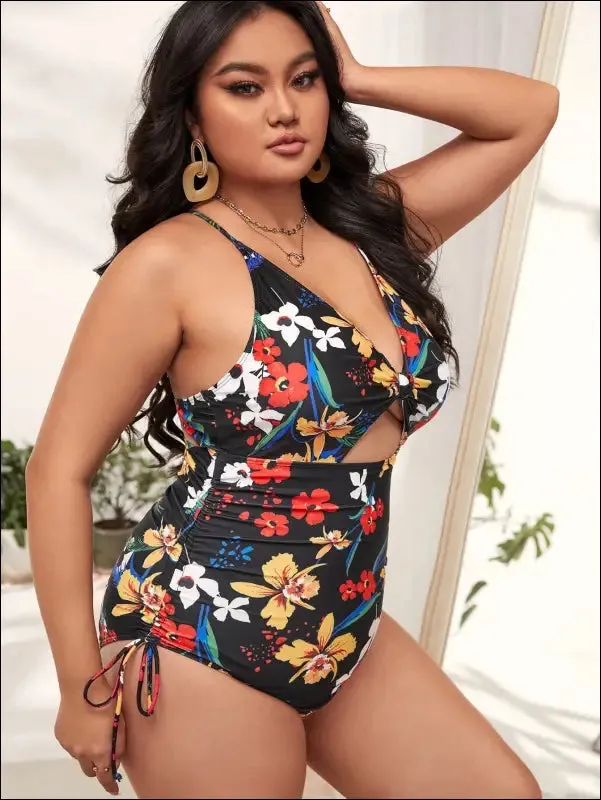 Plus floral print drawstring cut-out one piece swimsuit