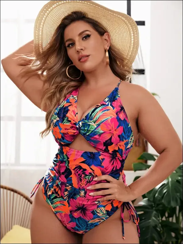Plus floral print drawstring cut-out one piece swimsuit