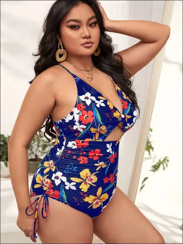 Plus floral print drawstring cut-out one piece swimsuit