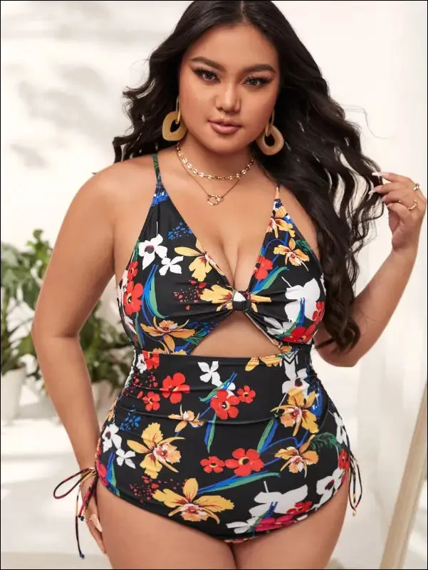 Plus floral print drawstring cut-out one piece swimsuit