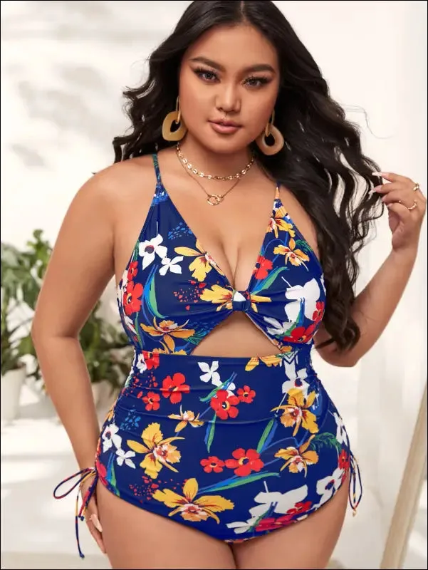 Plus floral print drawstring cut-out one piece swimsuit