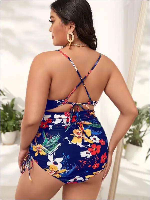 Plus floral print drawstring cut-out one piece swimsuit