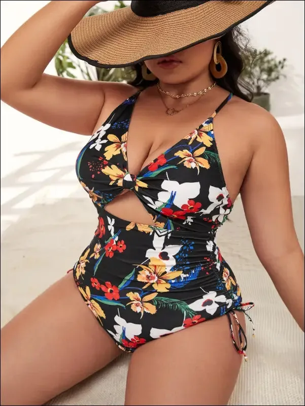 Plus floral print drawstring cut-out one piece swimsuit