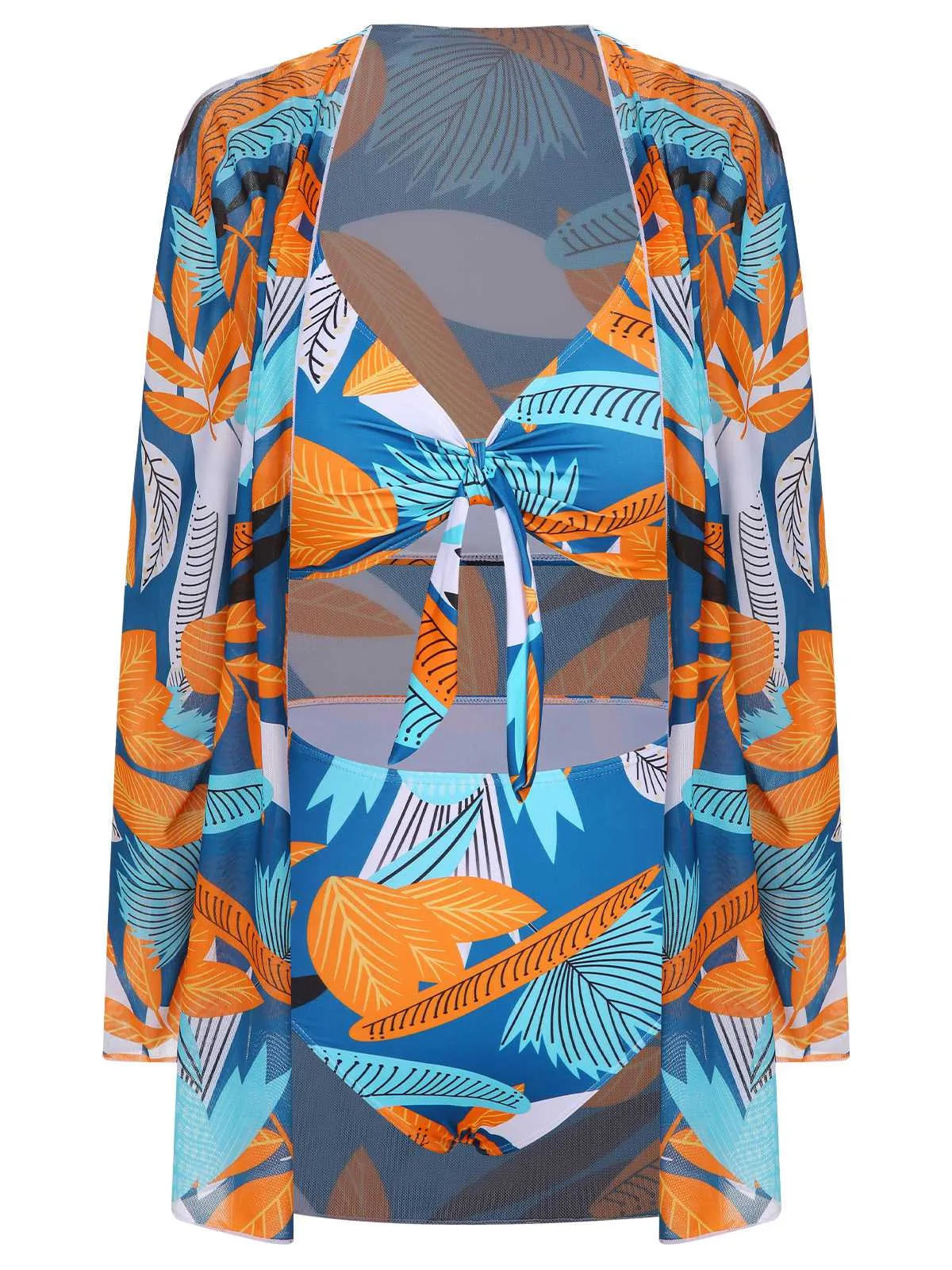 [Plus Size] 1940s Spaghetti Strap Print Swimsuit & Cover-Up