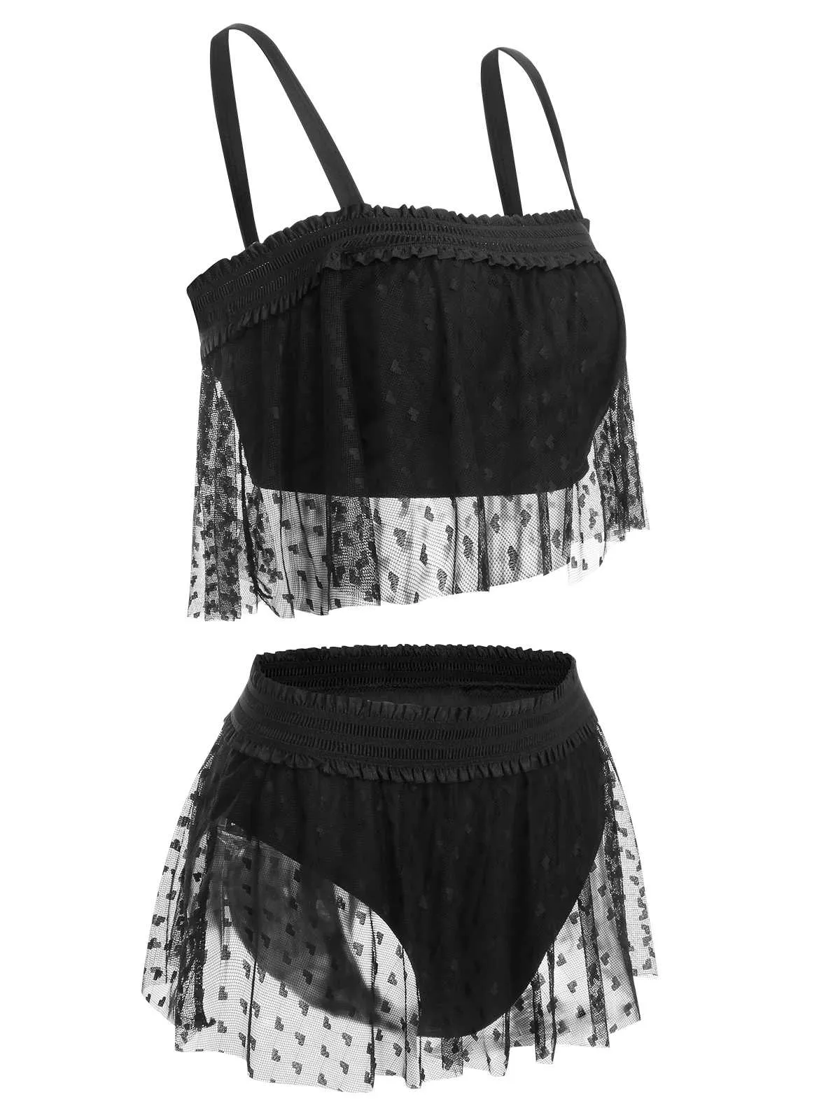 [Plus Size] Black 1950s Strap Mesh Swimsuit
