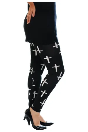 Plus Size Black Cross Print Stretchy Leggings