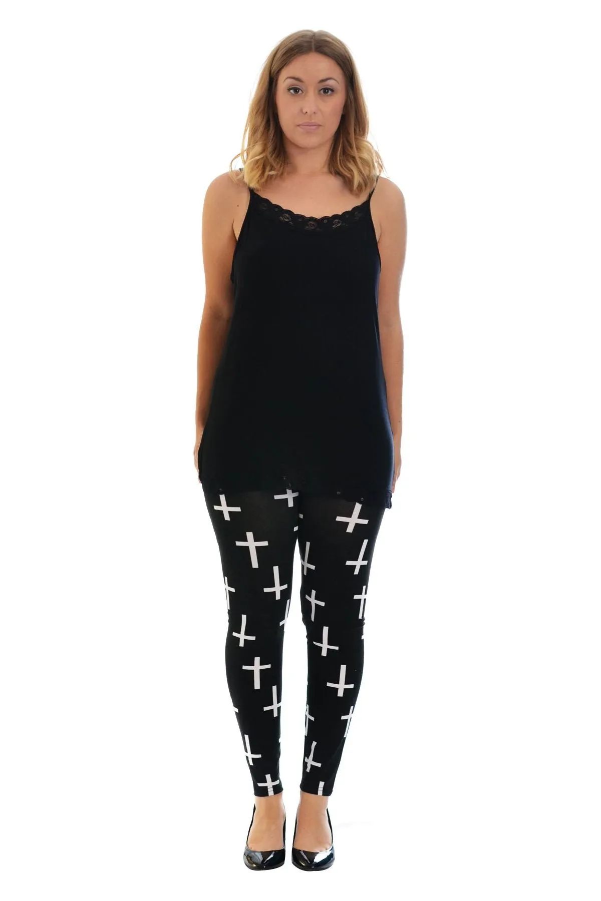 Plus Size Black Cross Print Stretchy Leggings