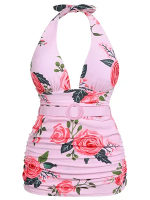 [Plus Size] Pink 1930s Roses Halter Belt Swimsuit