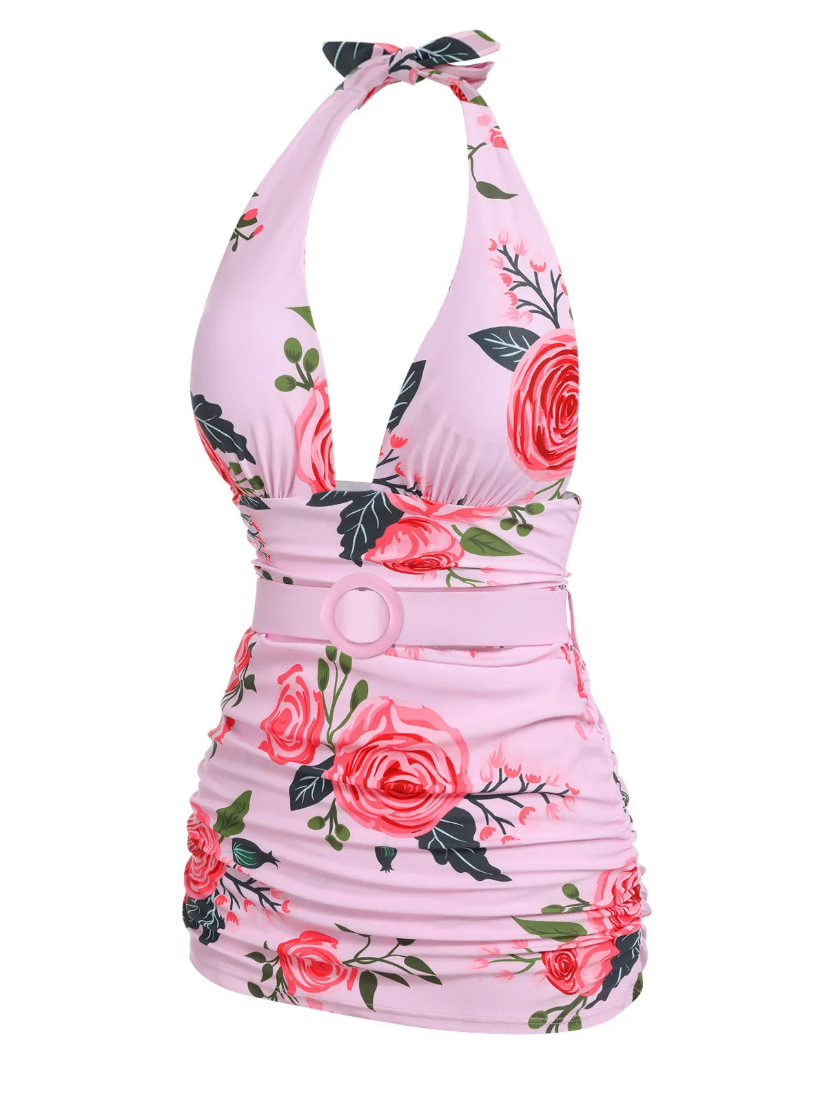 [Plus Size] Pink 1930s Roses Halter Belt Swimsuit
