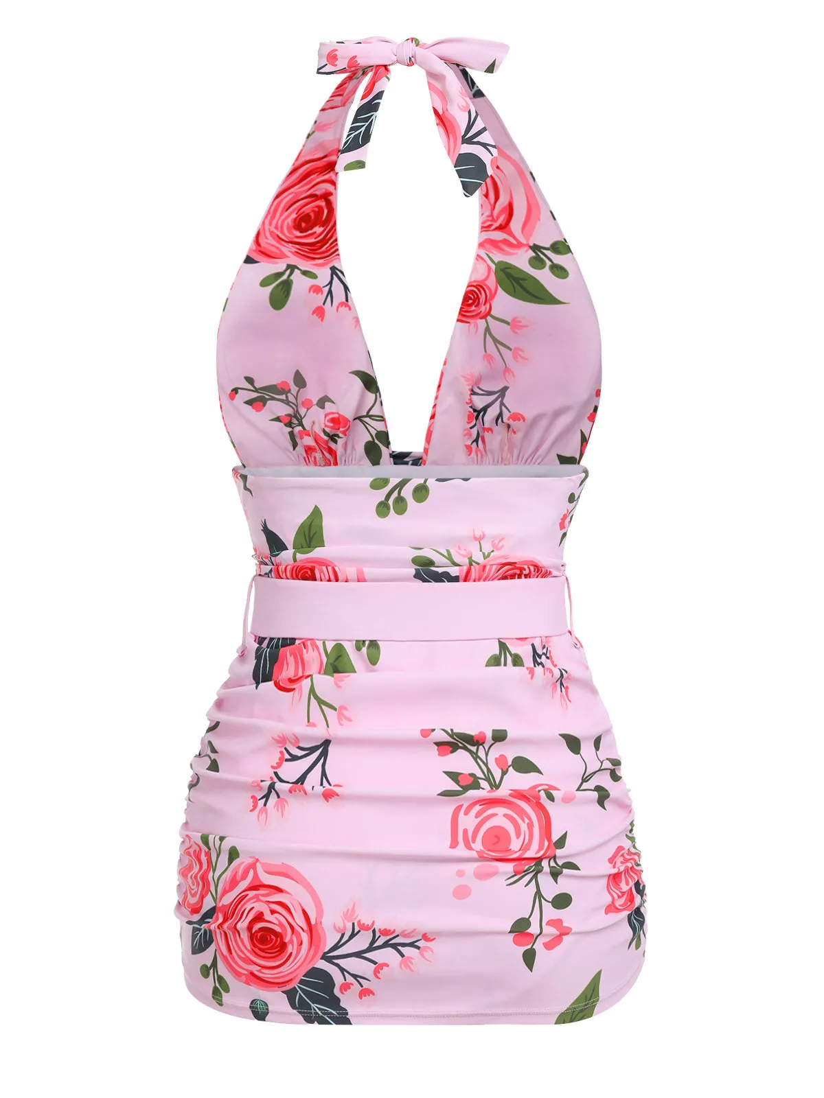 [Plus Size] Pink 1930s Roses Halter Belt Swimsuit