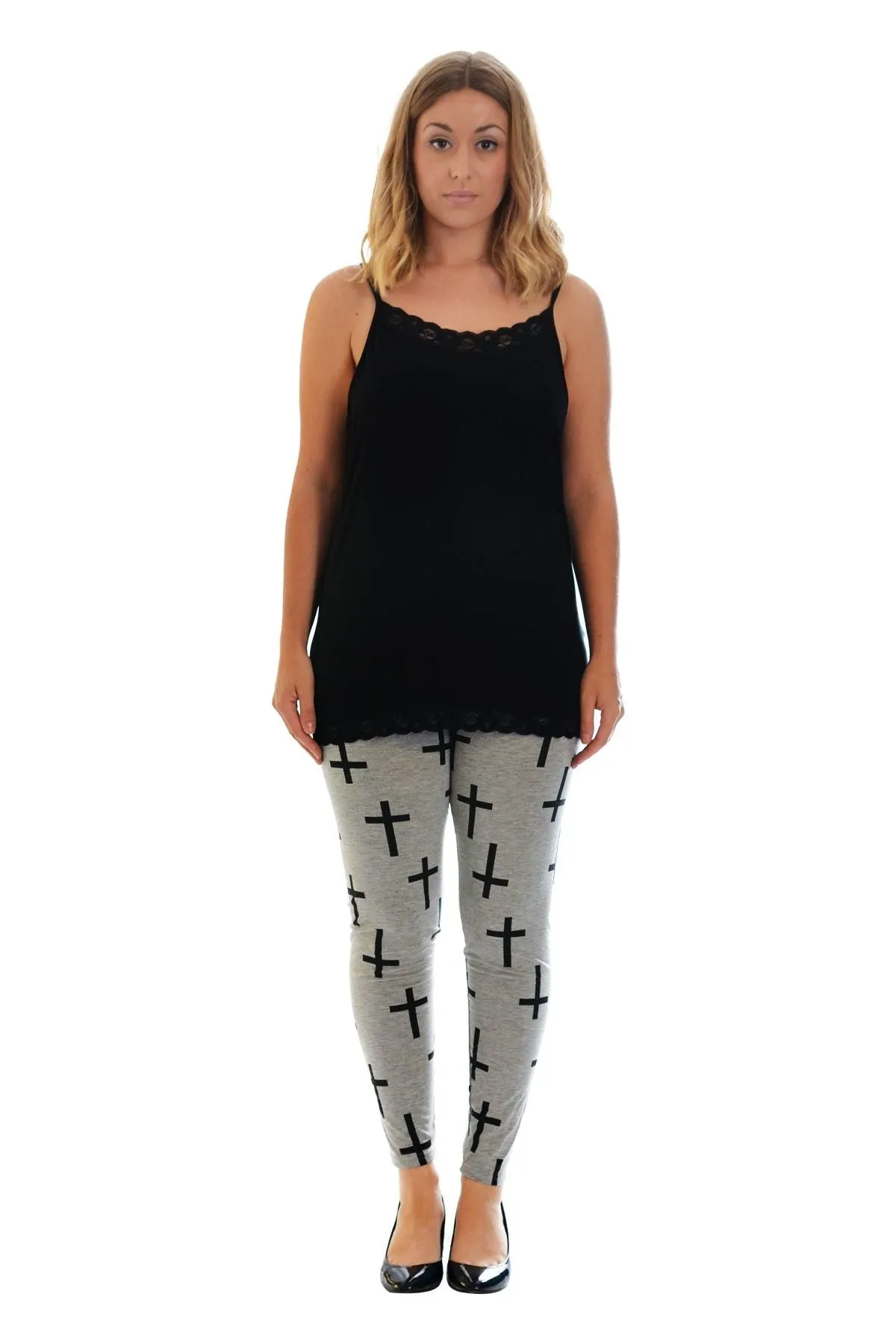 Plus Size Silver Cross Print Stretchy Leggings
