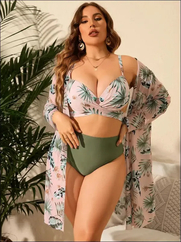 Plus tropical print wrap cross push up bikini swimsuit with kimono