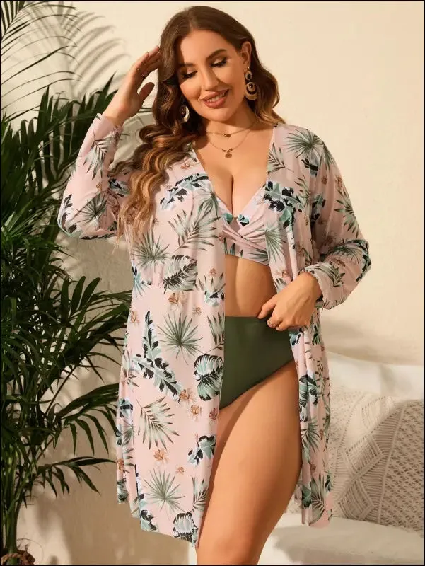 Plus tropical print wrap cross push up bikini swimsuit with kimono
