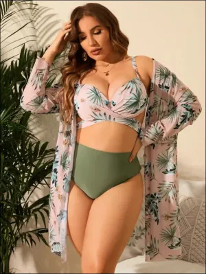 Plus tropical print wrap cross push up bikini swimsuit with kimono