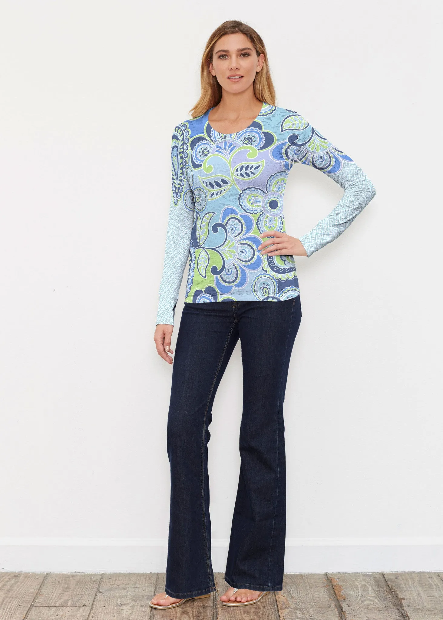 Pop Paisley Blue (13233) ~ Thermal Long Sleeve Crew Shirt
