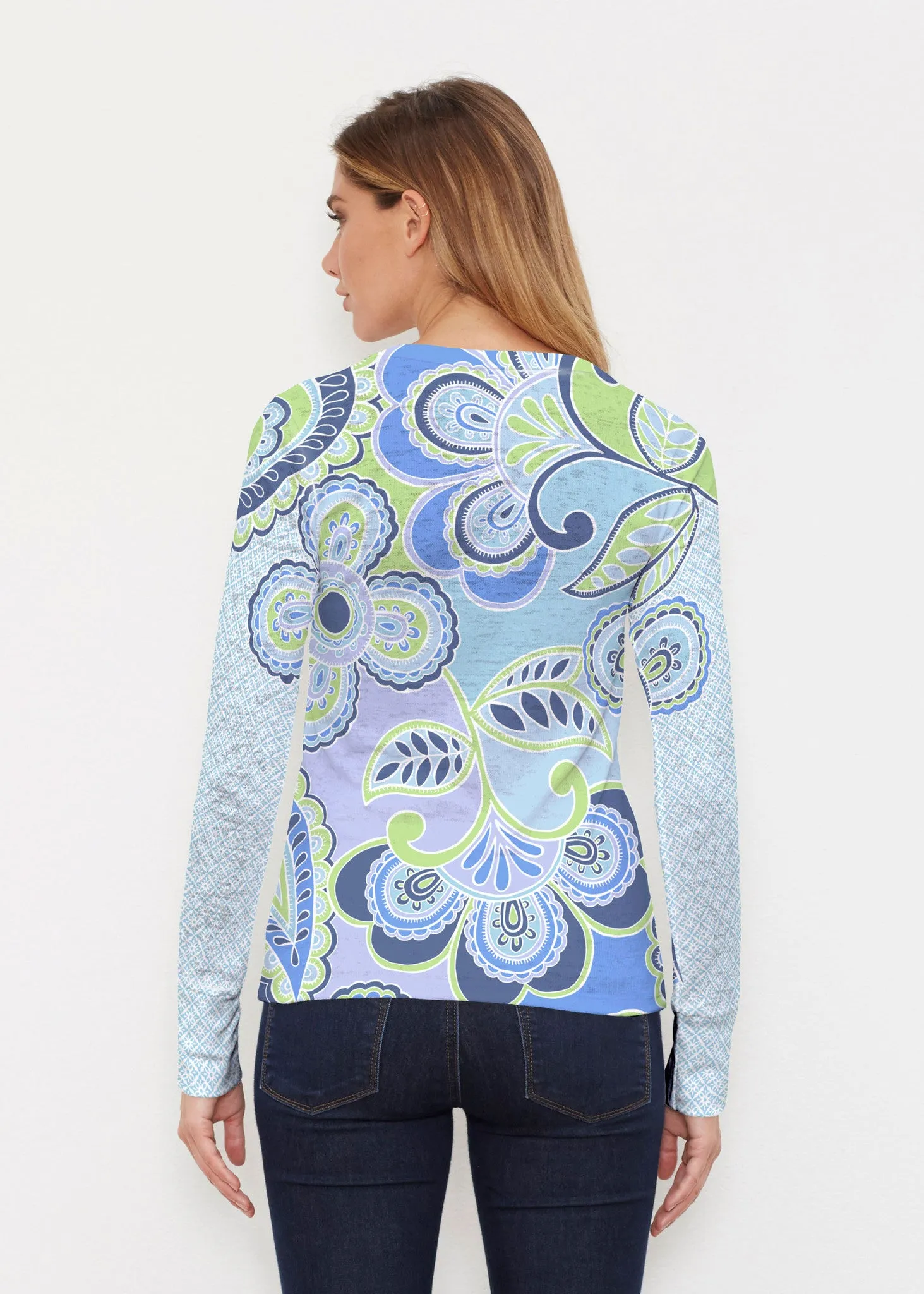 Pop Paisley Blue (13233) ~ Thermal Long Sleeve Crew Shirt