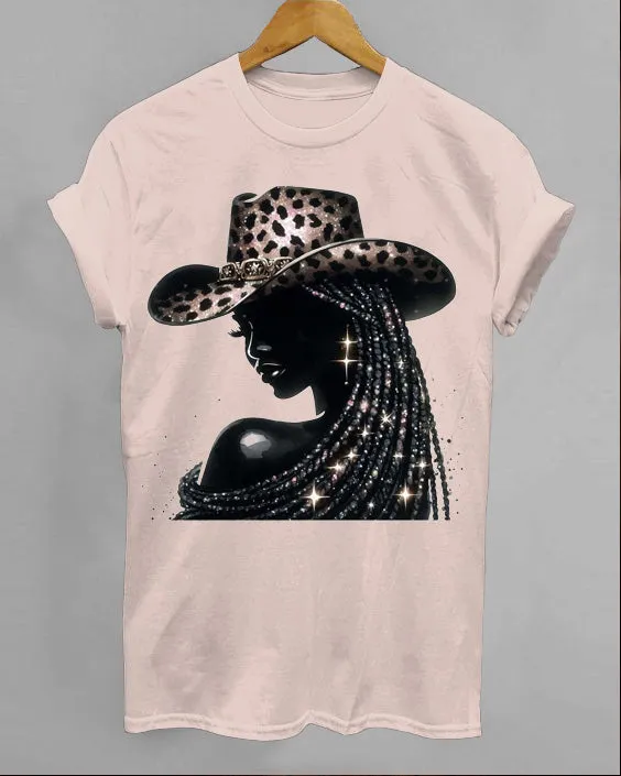 Pretty Black CowGirl Crew Neck Short Sleeve Cotton T-shirt