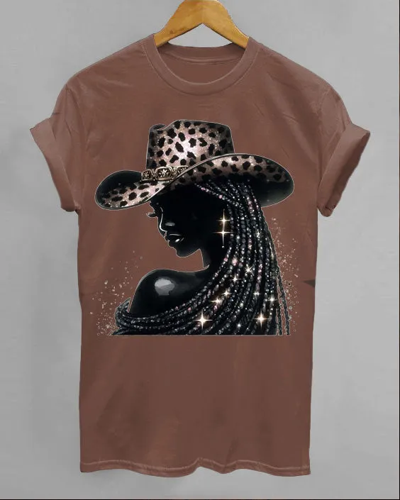 Pretty Black CowGirl Crew Neck Short Sleeve Cotton T-shirt