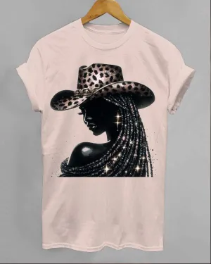 Pretty Black CowGirl Crew Neck Short Sleeve Cotton T-shirt