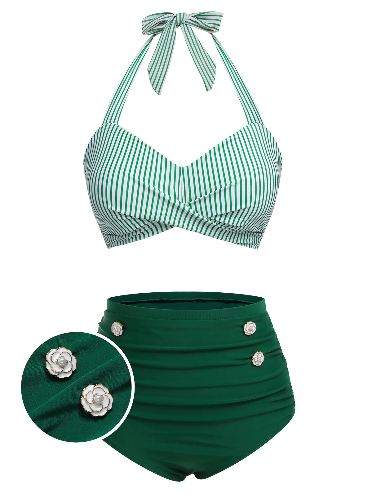 [Prévente] Ensemble de maillot de bain dos nu rayé rose et noir des années 1940