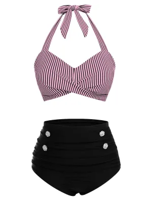 [Prévente] Ensemble de maillot de bain dos nu rayé rose et noir des années 1940