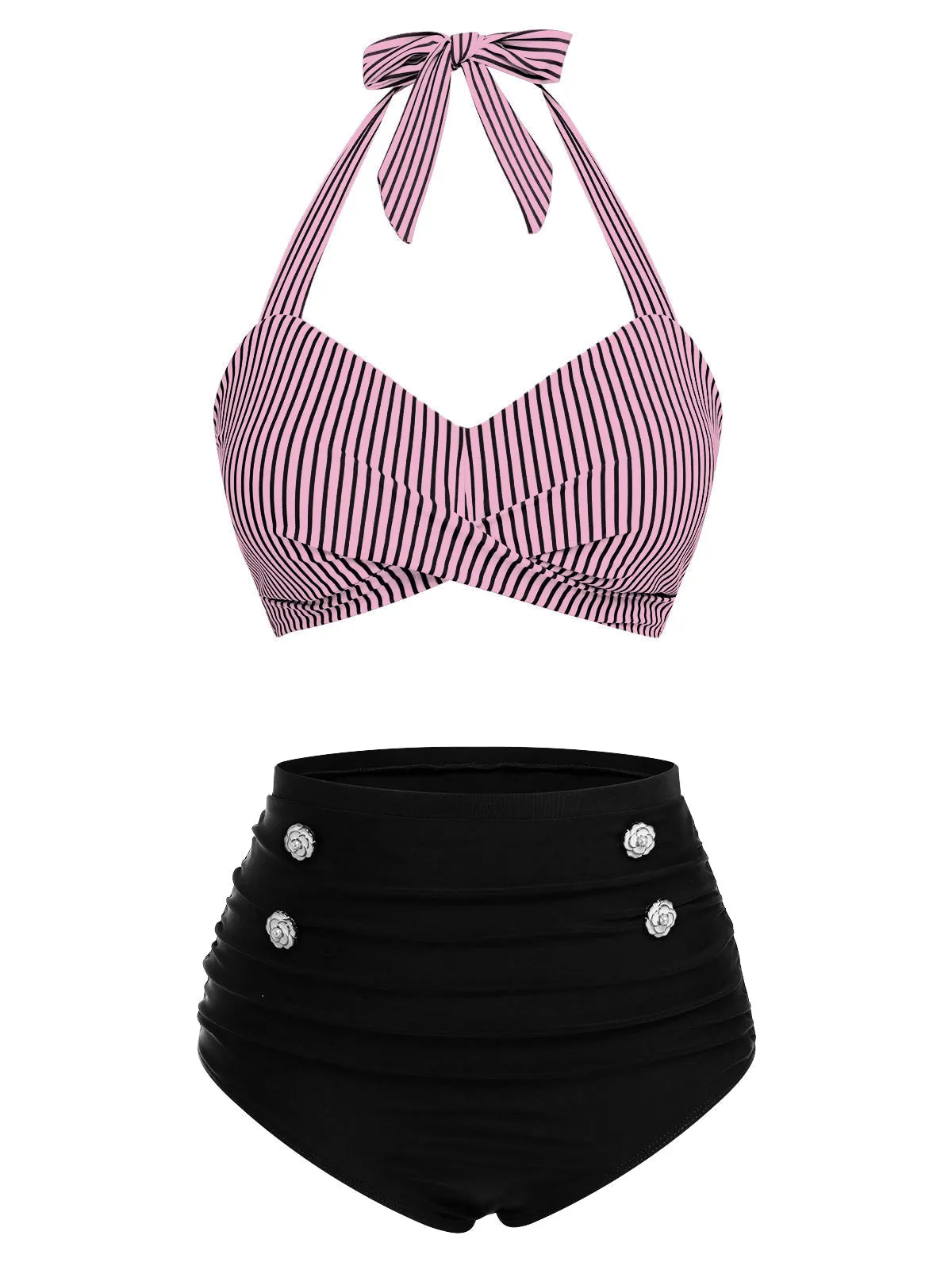 [Prévente] Ensemble de maillot de bain dos nu rayé rose et noir des années 1940