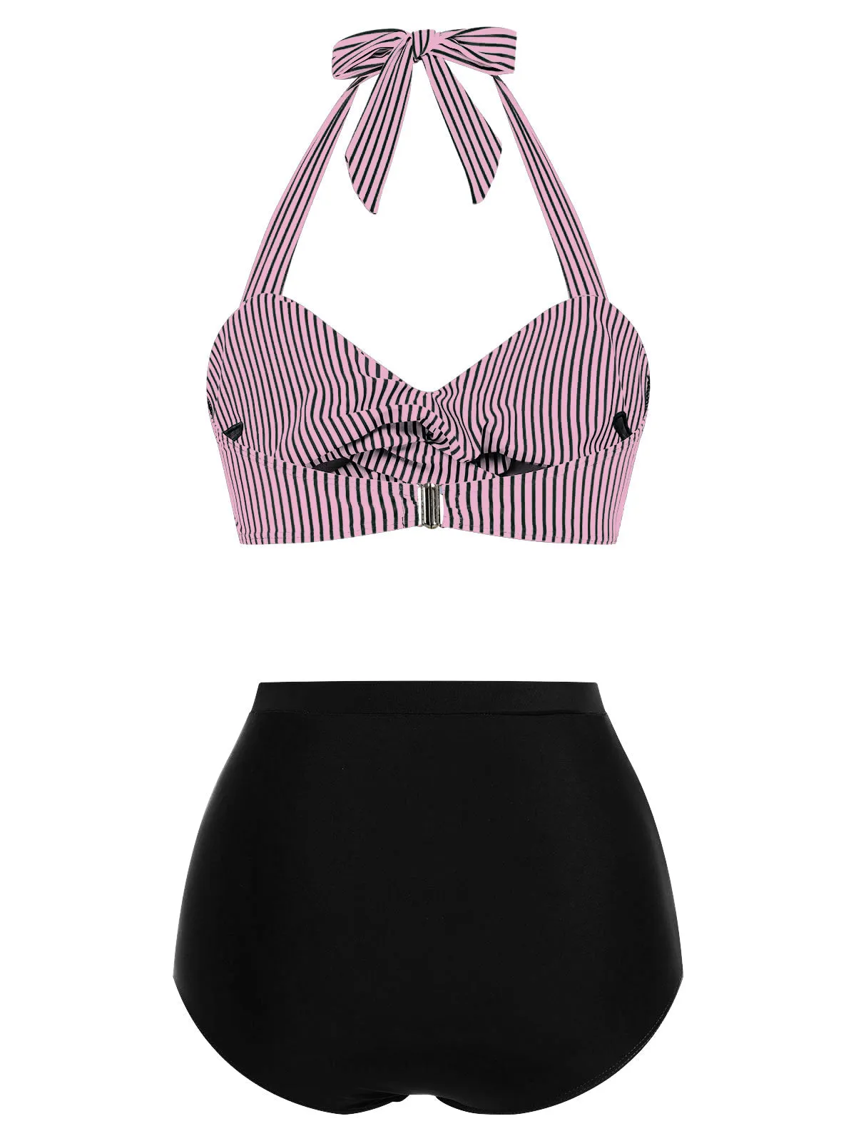 [Prévente] Ensemble de maillot de bain dos nu rayé rose et noir des années 1940