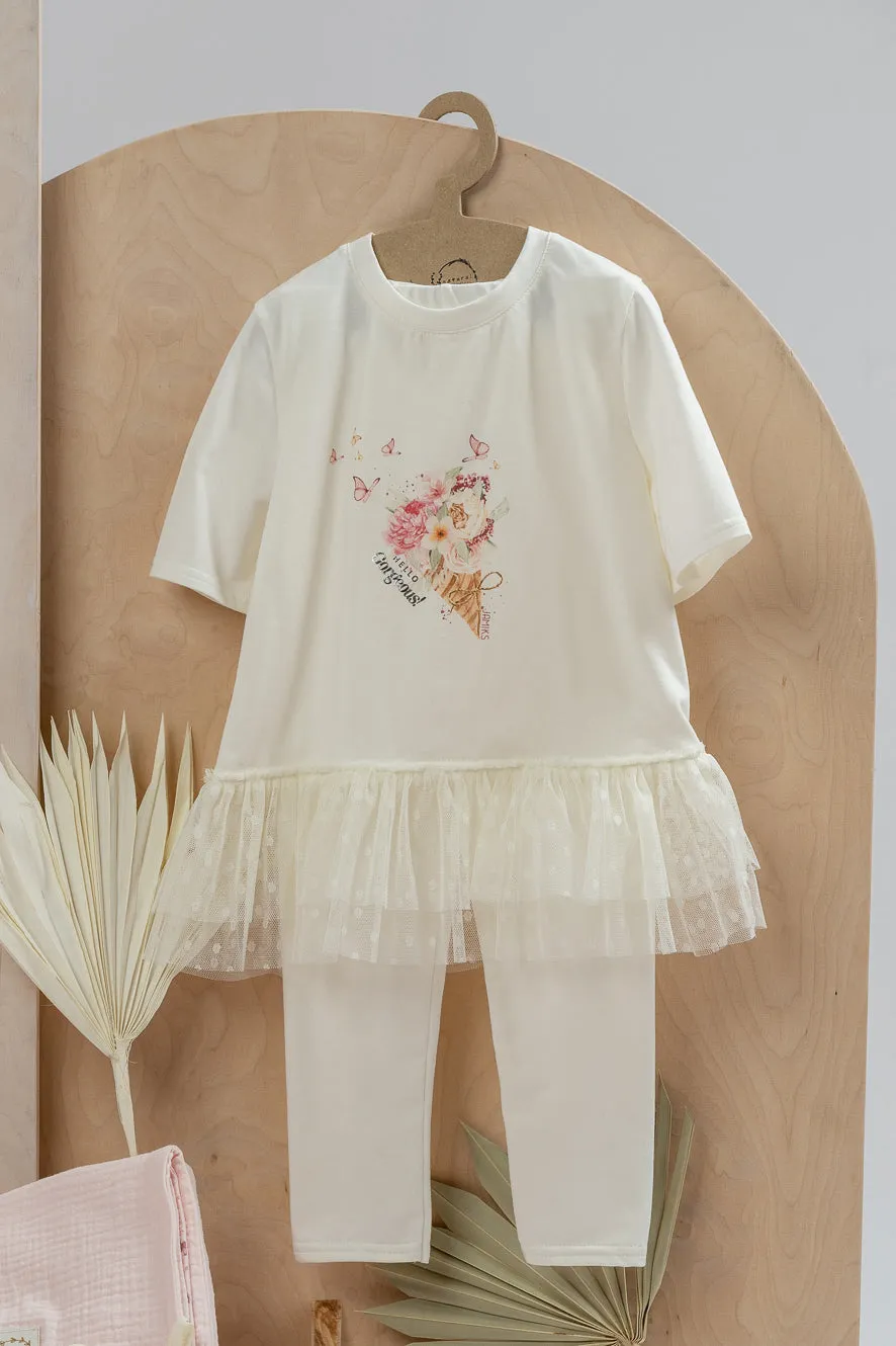 "Malin" Ivory Floral Tulle Blouse & Leggings